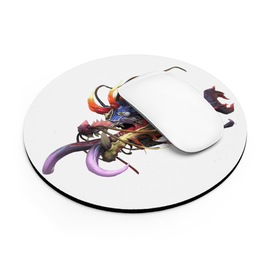 Ryuuk the Fish Dragon God Mouse Pad featuring vibrant colors and intricate design, available in round and rectangular shapes.