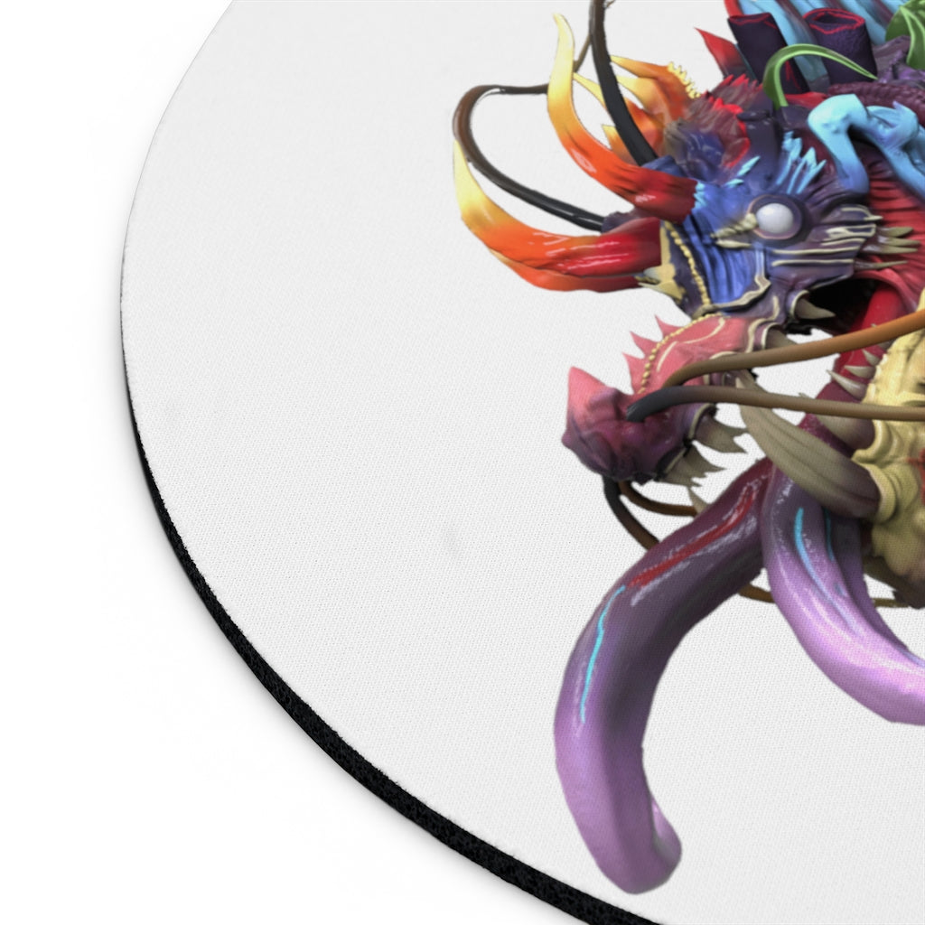 Ryuuk the Fish Dragon God Mouse Pad featuring vibrant colors and intricate design, available in round and rectangular shapes.