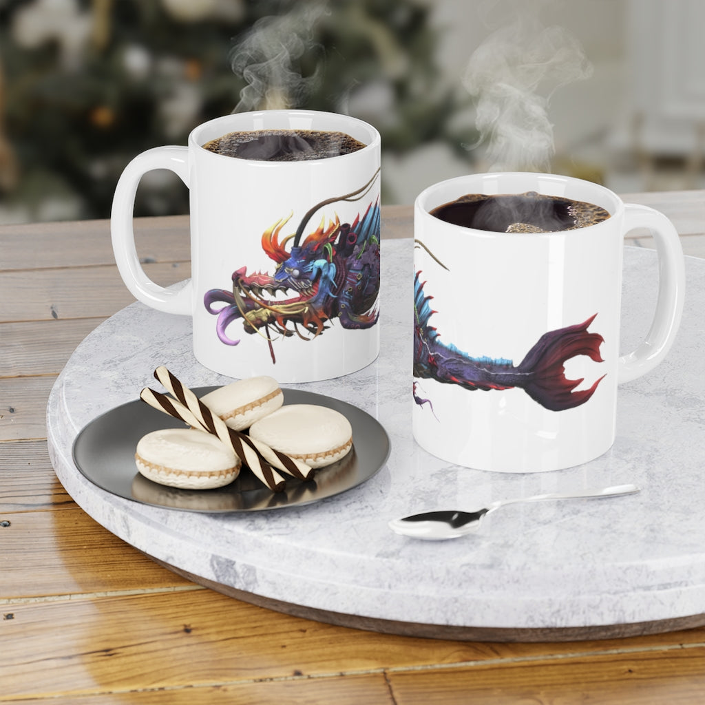 Ryuuk the Fish Dragon God Mug, 11oz, featuring a vibrant design of the mythical dragon, with a comfortable easy-grip handle.