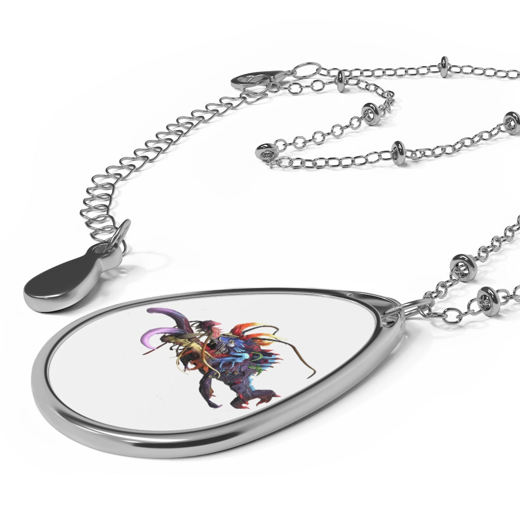 Ryuuk the Fish Dragon God Oval Necklace featuring an ellipse-shaped brass pendant and chain with lobster clasp closure.