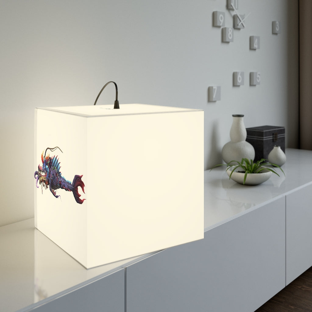 Ryuuk the Fish Dragon God Personalized Lamp showcasing a unique cube design with vibrant colors, perfect for indoor decoration.