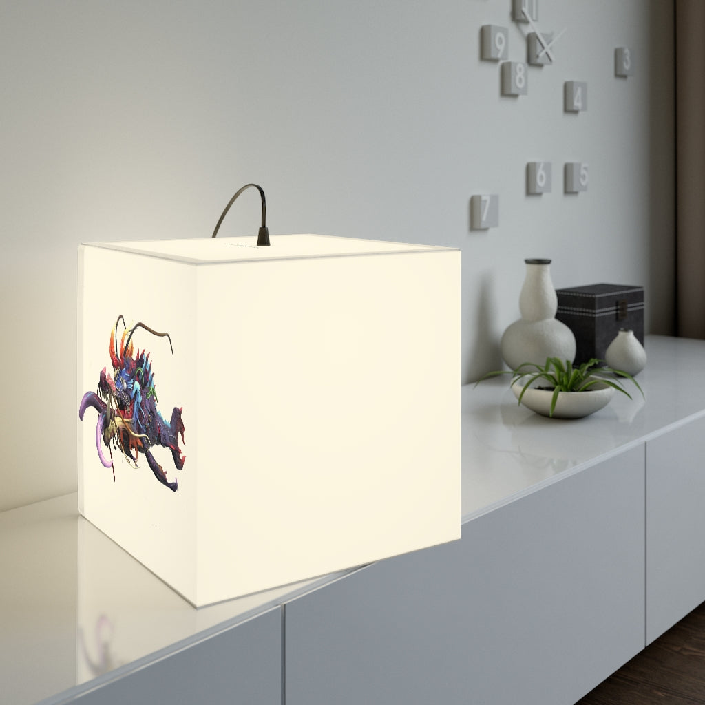 Ryuuk the Fish Dragon God Personalized Lamp showcasing a unique cube design with vibrant colors, perfect for indoor decoration.