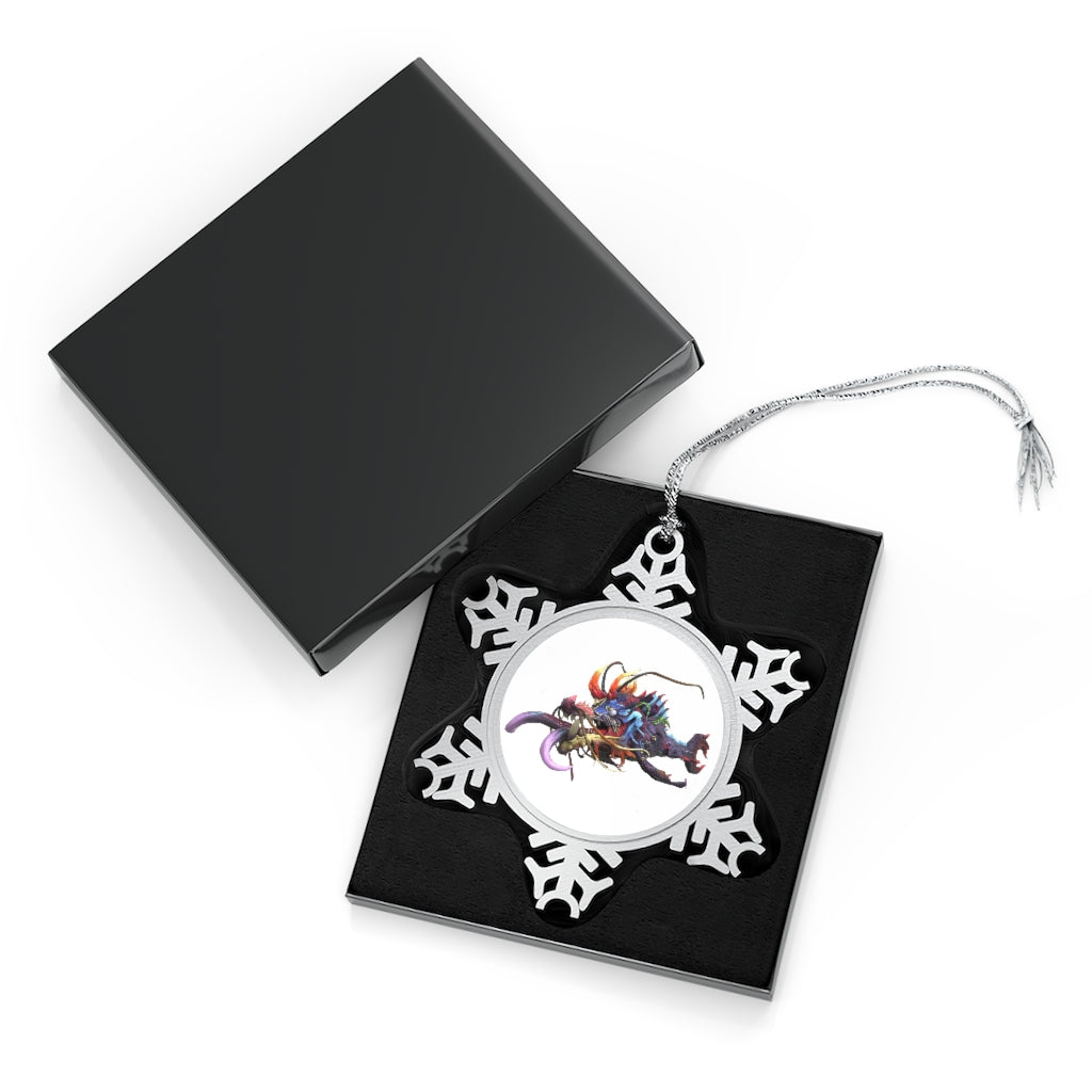 Ryuuk the Fish Dragon God Pewter Snowflake Ornament with intricate design and silver-toned hanging string.