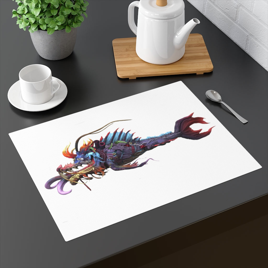 Ryuuk the Fish Dragon God Placemat featuring intricate design and durable cotton material, perfect for enhancing dining experiences.