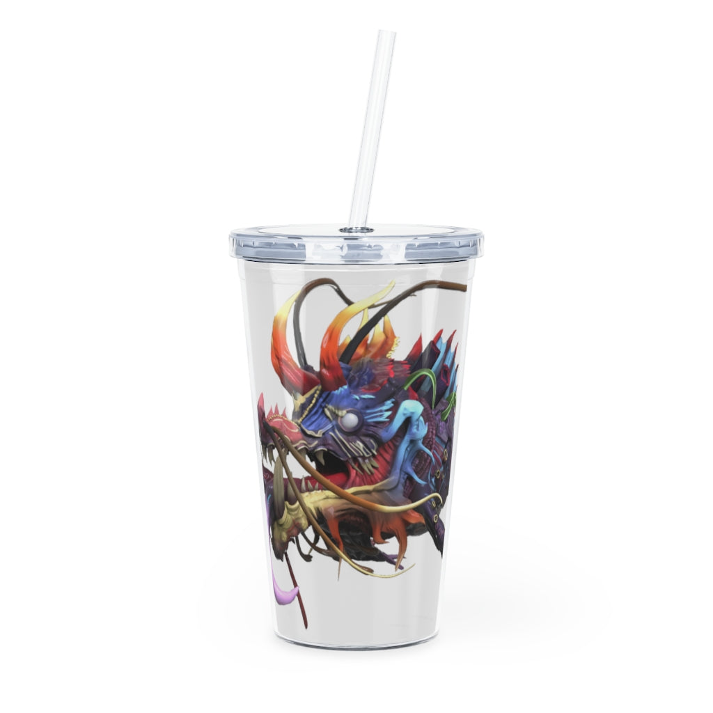 Ryuuk the Fish Dragon God Plastic Tumbler with Straw, featuring a vibrant design and double wall insulation.