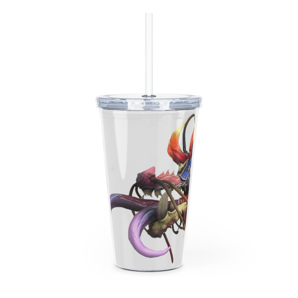 Ryuuk the Fish Dragon God Plastic Tumbler with Straw, featuring a vibrant design and double wall insulation.