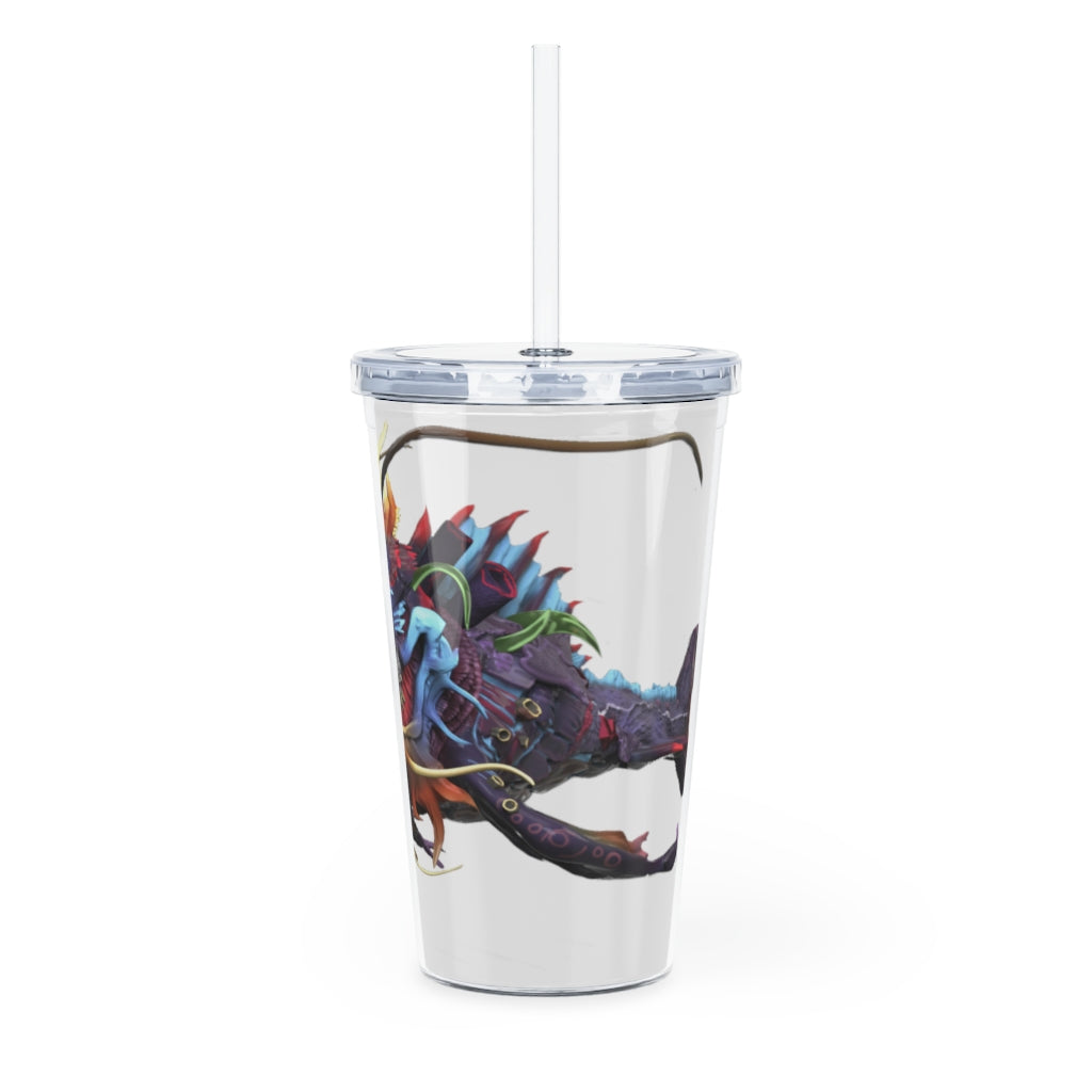 Ryuuk the Fish Dragon God Plastic Tumbler with Straw, featuring a vibrant design and double wall insulation.