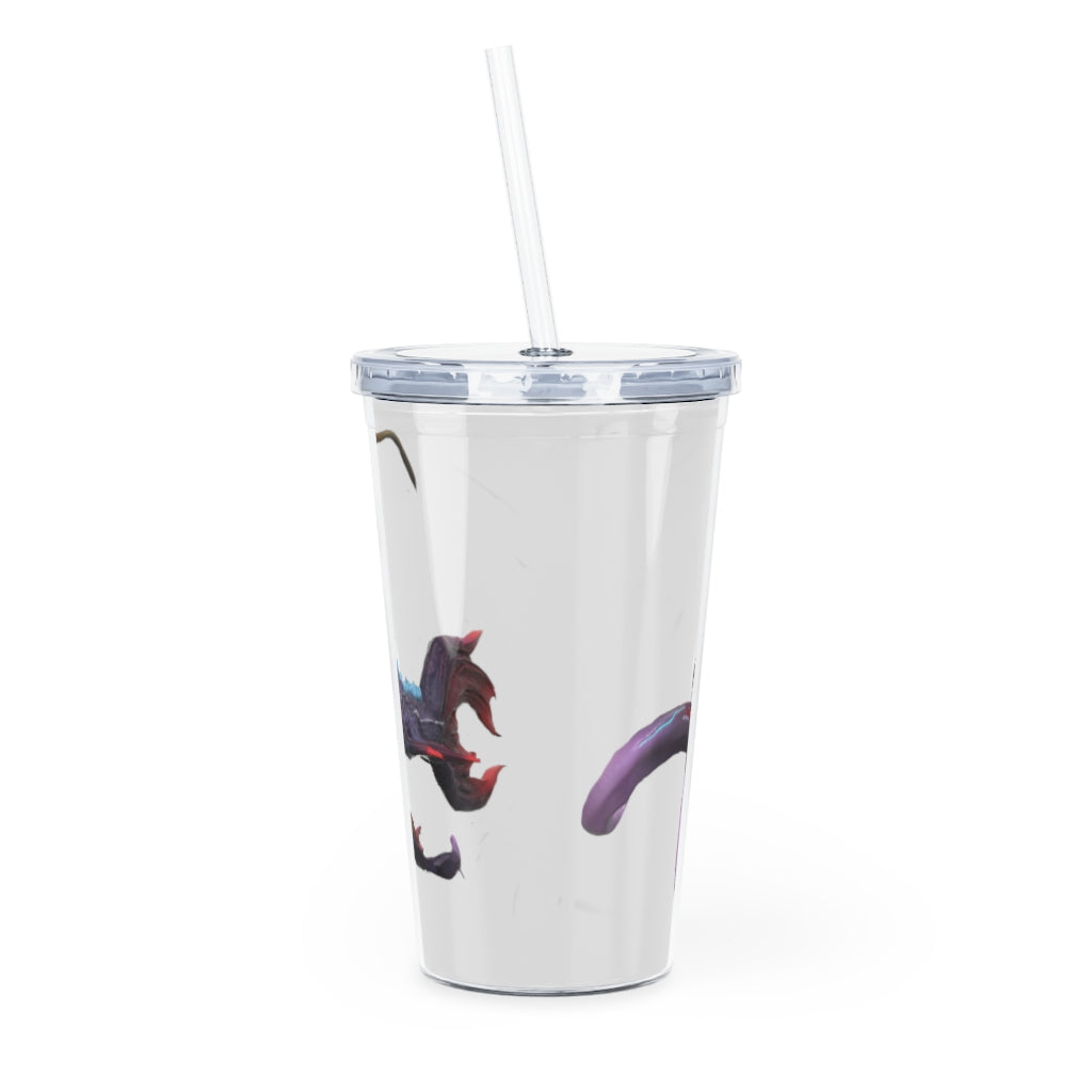 Ryuuk the Fish Dragon God Plastic Tumbler with Straw, featuring a vibrant design and double wall insulation.