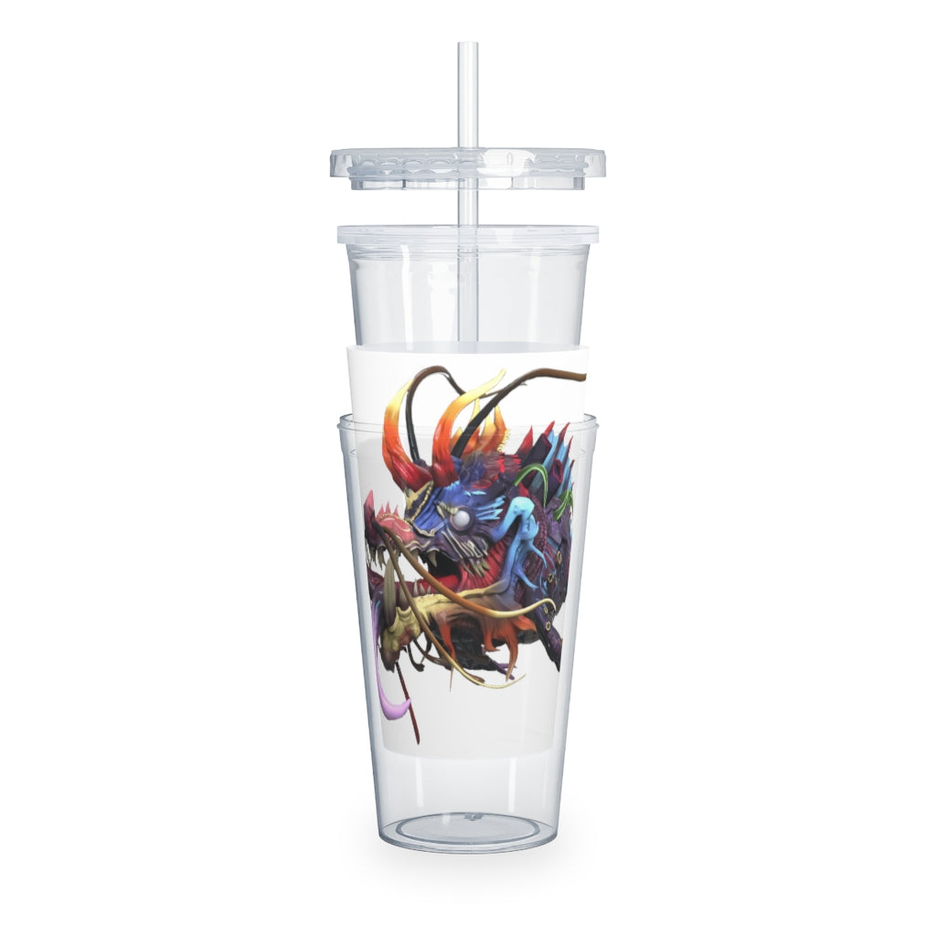 Ryuuk the Fish Dragon God Plastic Tumbler with Straw, featuring a vibrant design and double wall insulation.