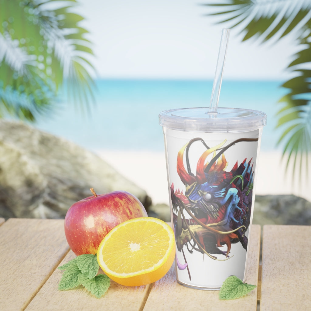 Ryuuk the Fish Dragon God Plastic Tumbler with Straw, featuring a vibrant design and double wall insulation.