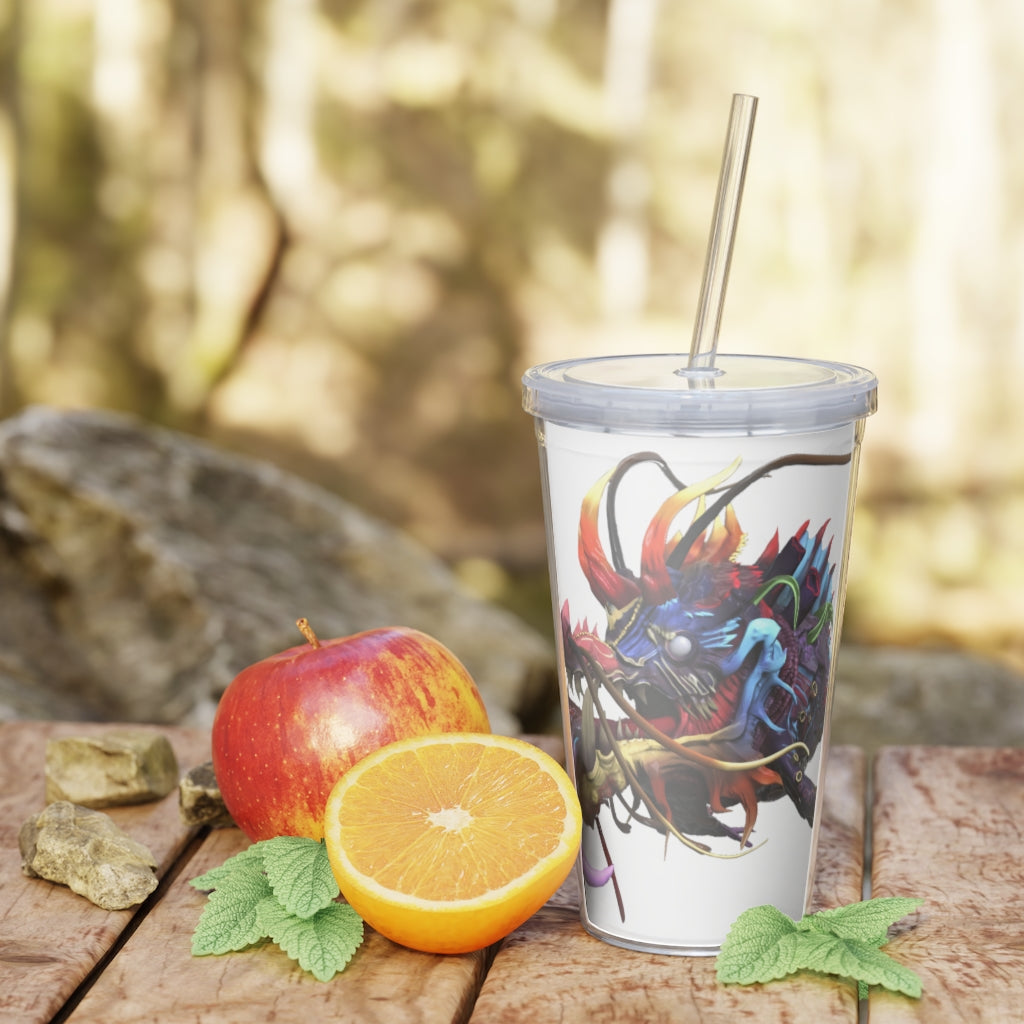 Ryuuk the Fish Dragon God Plastic Tumbler with Straw, featuring a vibrant design and double wall insulation.