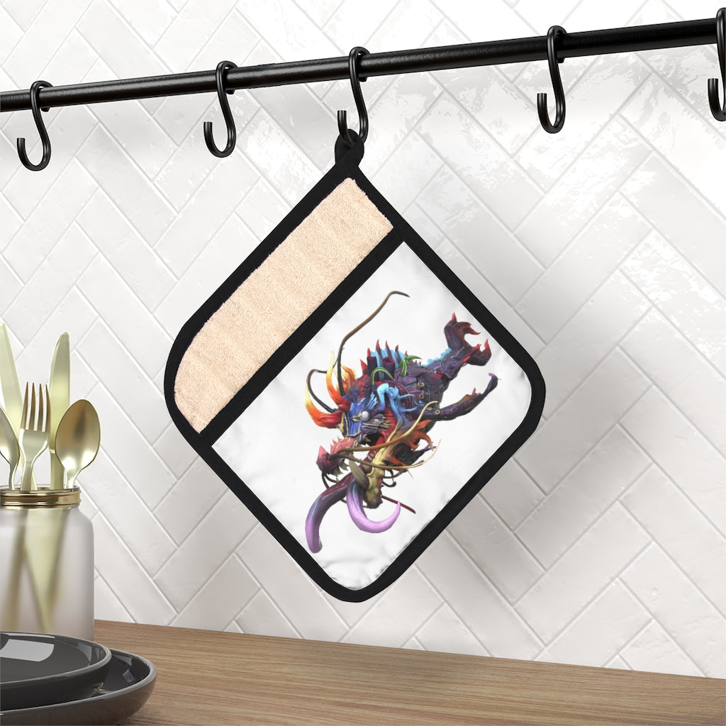 Ryuuk the Fish Dragon God Pot Holder, featuring a vibrant design and a convenient hanging loop, perfect for kitchen use.