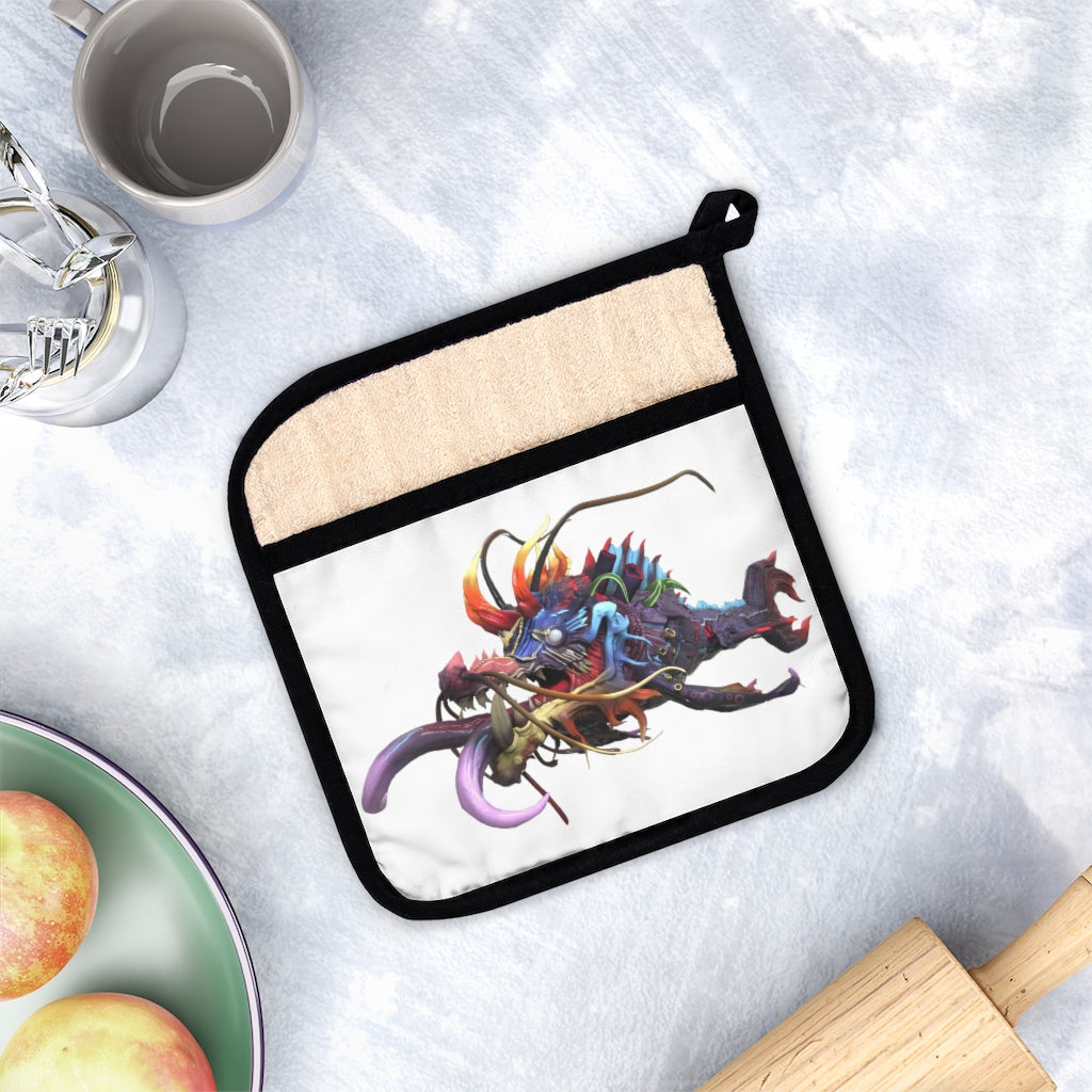 Ryuuk the Fish Dragon God Pot Holder, featuring a vibrant design and a convenient hanging loop, perfect for kitchen use.