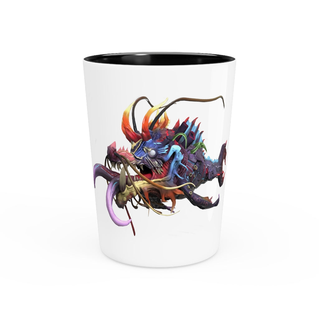 Ryuuk the Fish Dragon God Shot Glass with a customizable ceramic design, featuring a white or black interior.