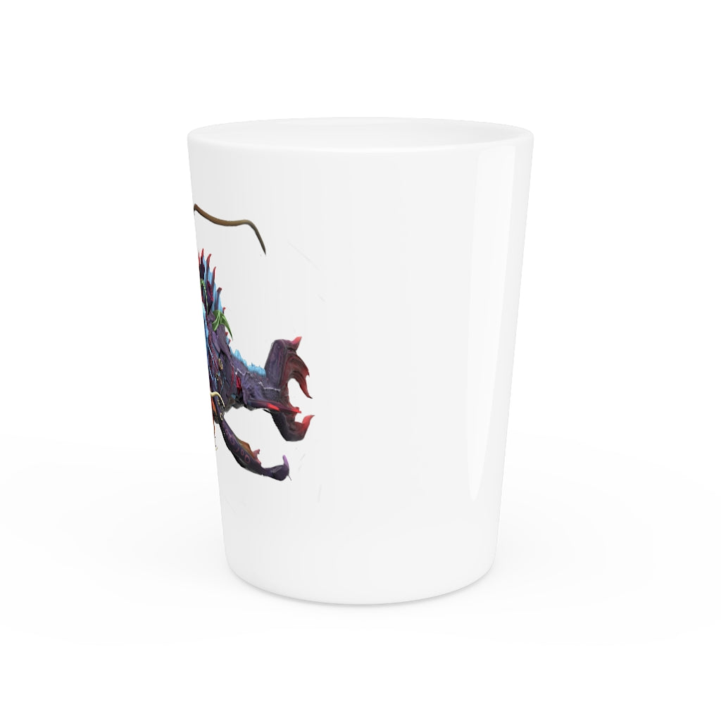 Ryuuk the Fish Dragon God Shot Glass with a customizable ceramic design, featuring a white or black interior.