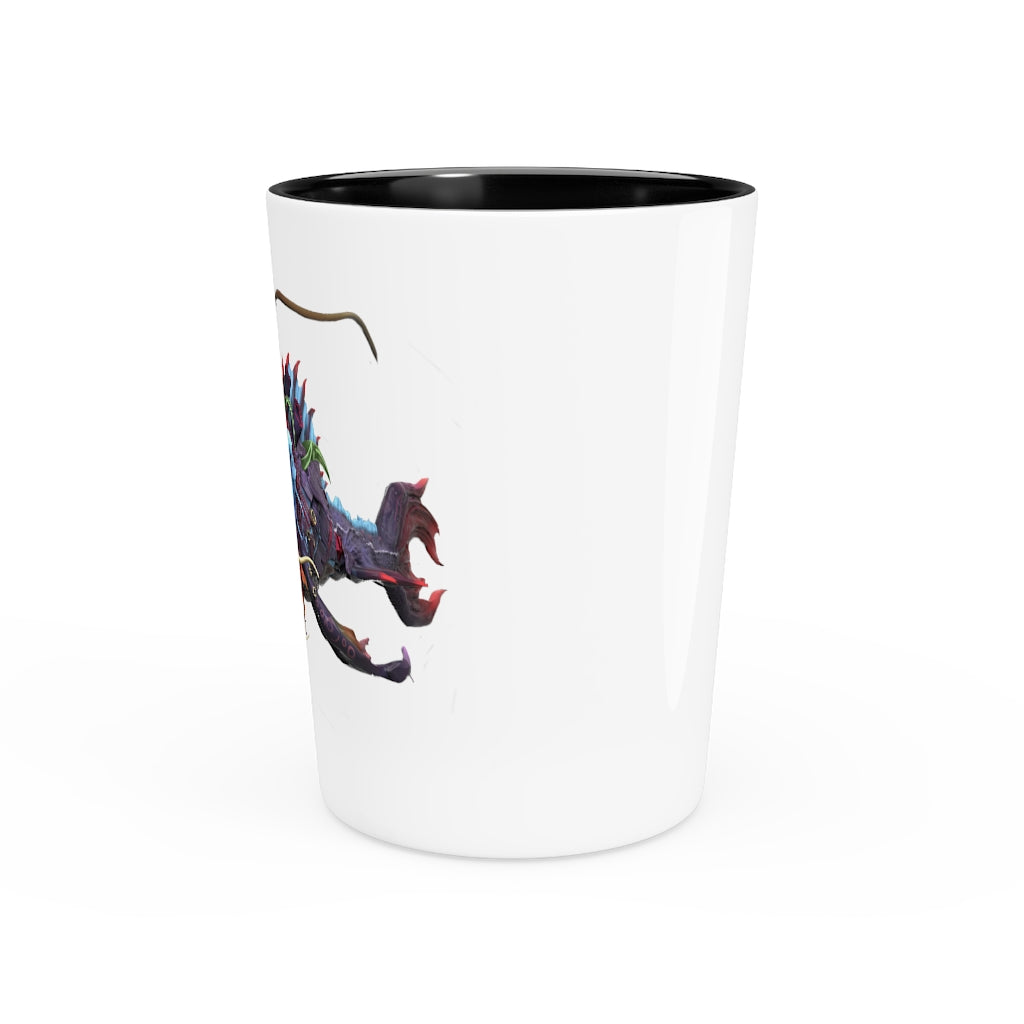 Ryuuk the Fish Dragon God Shot Glass with a customizable ceramic design, featuring a white or black interior.