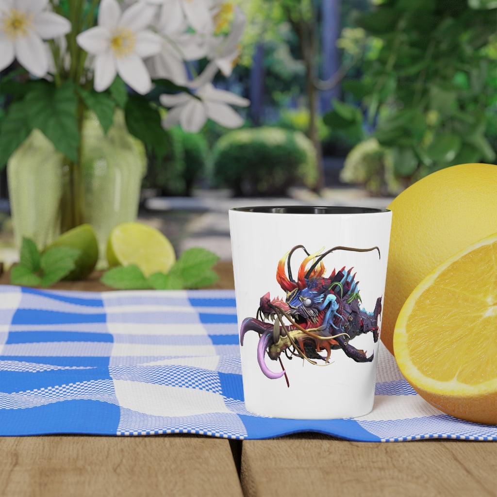 Ryuuk the Fish Dragon God Shot Glass with a customizable ceramic design, featuring a white or black interior.