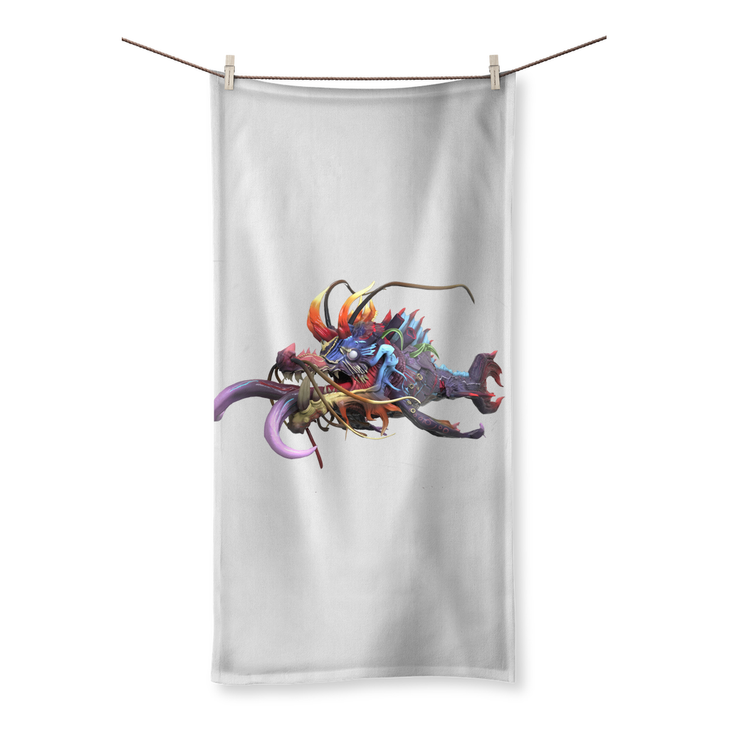 Ryuuk the Fish Dragon God Sublimation All Over Towel showcasing vibrant colors and intricate design, with a soft cotton backing.