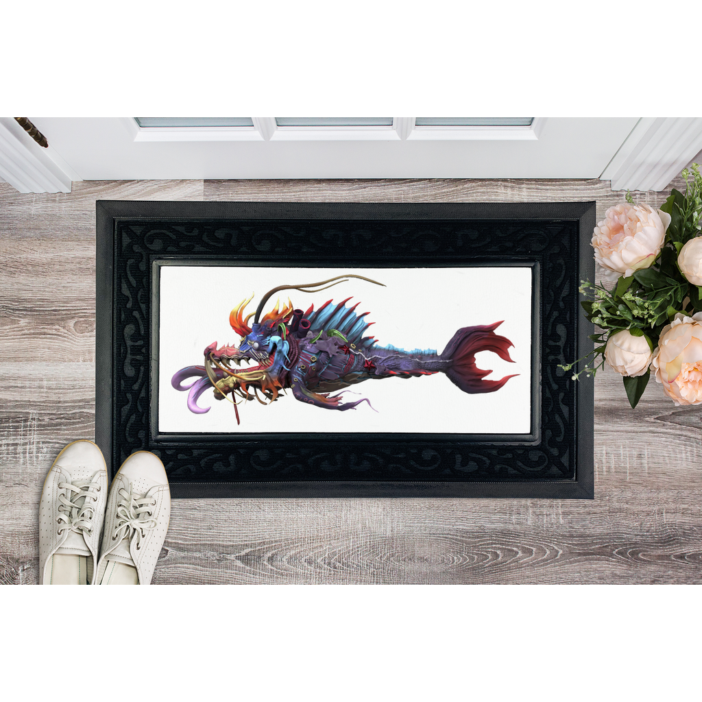 Ryuuk the Fish Dragon God sublimation heavy duty door mat with a stylish fabric brush border and non-slip rubber base.