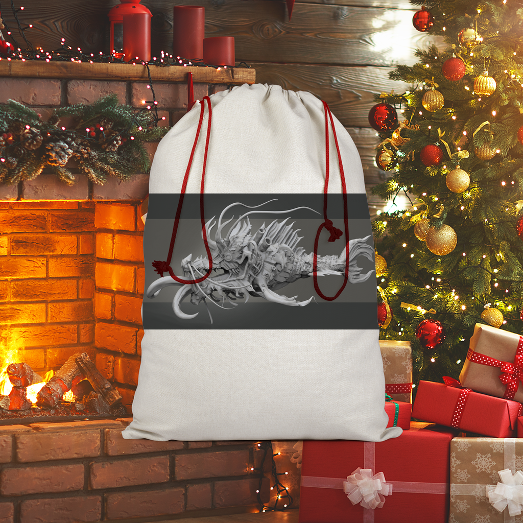 Ryuuk Fish Dragon God Sublimation Linen Drawstring Sack with red drawstring, featuring vibrant design and eco-friendly printing.