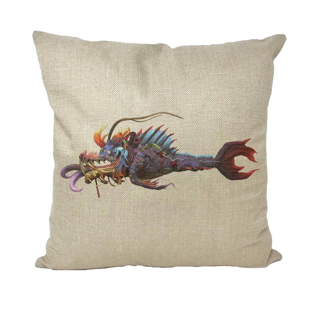 Ryuuk the Fish Dragon God throw pillows in various styles including linen, canvas, and suede, showcasing vibrant colors and unique design.