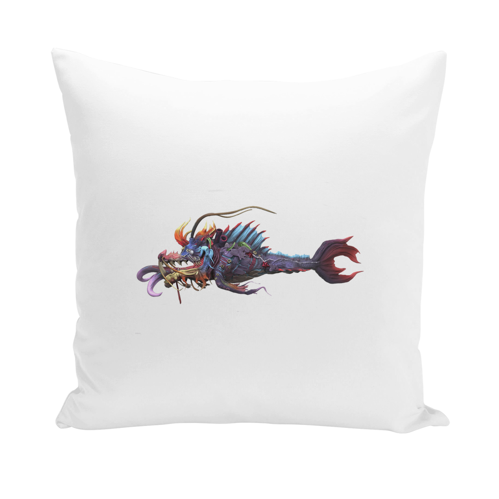 Ryuuk the Fish Dragon God throw pillows in various styles including linen, canvas, and suede, showcasing vibrant colors and unique design.