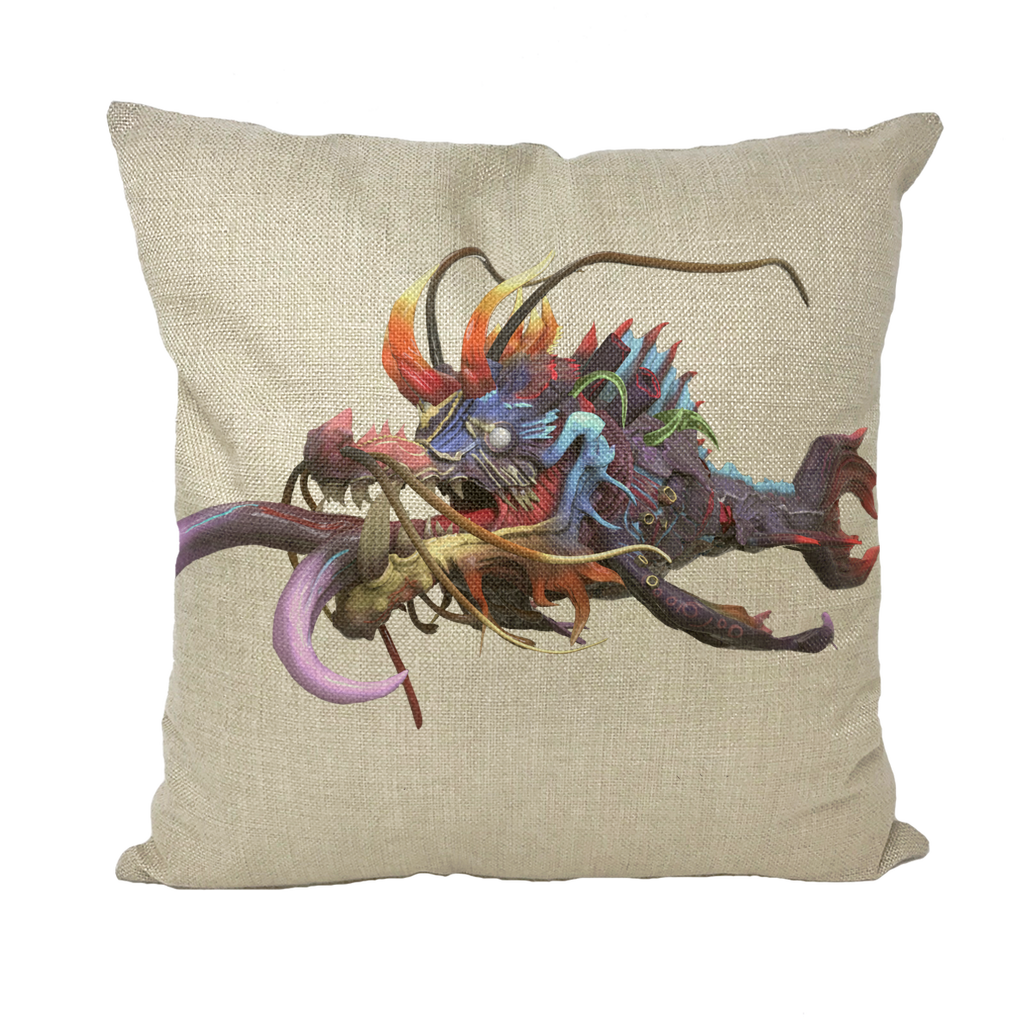 Ryuuk the Fish Dragon God throw pillows featuring vibrant colors and unique design, available in linen, canvas, and suede styles.