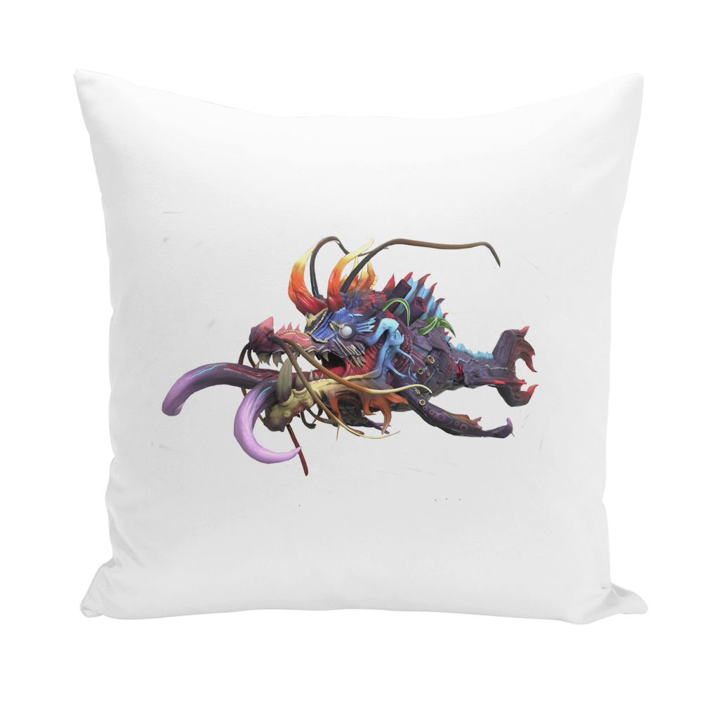 Ryuuk the Fish Dragon God throw pillows featuring vibrant colors and unique design, available in linen, canvas, and suede styles.