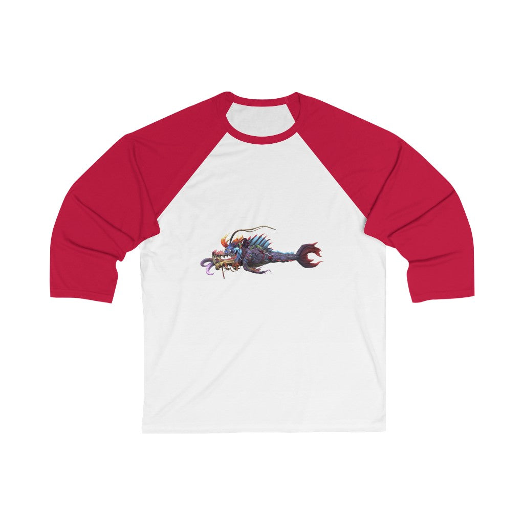 Ryuuk the Fish Dragon God Unisex 3/4 Sleeve Baseball Tee featuring a vibrant graphic design, ribbed collar, and modern fit.