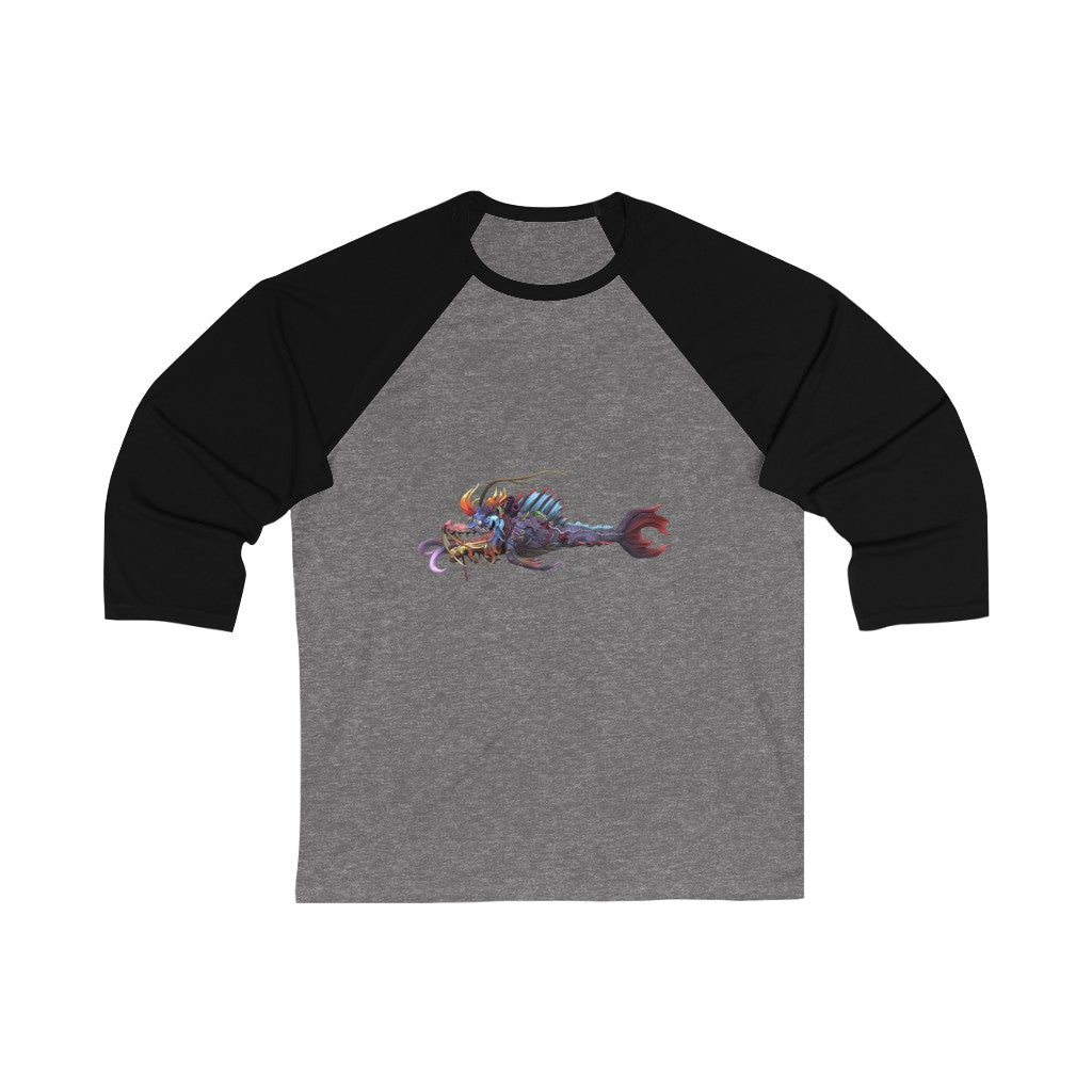 Ryuuk the Fish Dragon God Unisex 3/4 Sleeve Baseball Tee featuring a vibrant graphic design, ribbed collar, and modern fit.