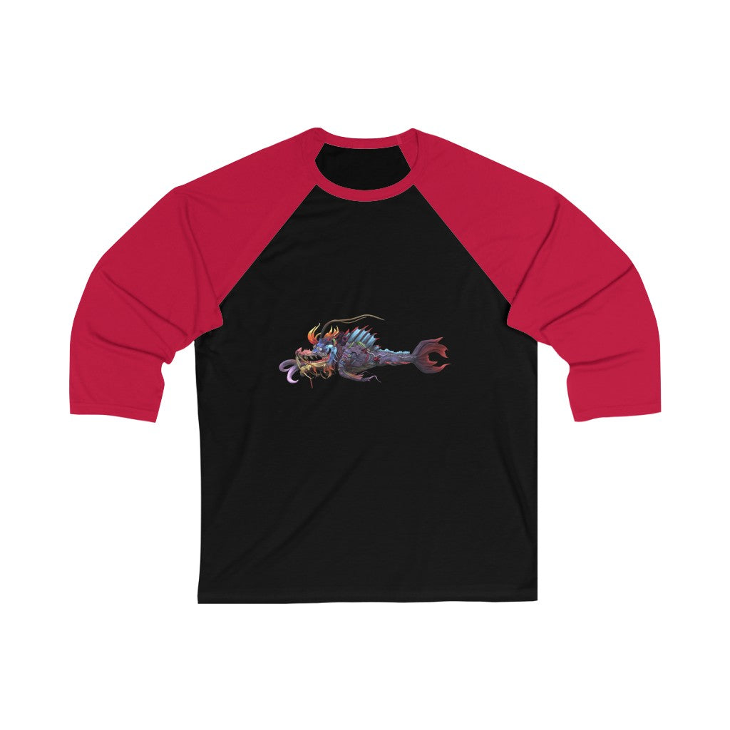 Ryuuk the Fish Dragon God Unisex 3/4 Sleeve Baseball Tee featuring a vibrant graphic design, ribbed collar, and modern fit.