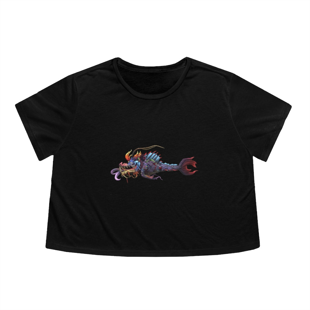 Ryuuk the Fish Dragon God Women's Flowy Cropped Tee featuring a unique design, lightweight fabric, and a stylish cropped fit.