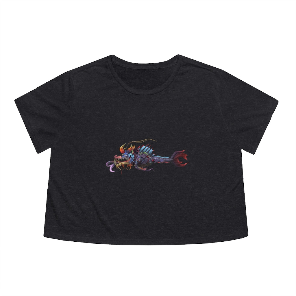 Ryuuk the Fish Dragon God Women's Flowy Cropped Tee featuring a unique design, lightweight fabric, and a stylish cropped fit.