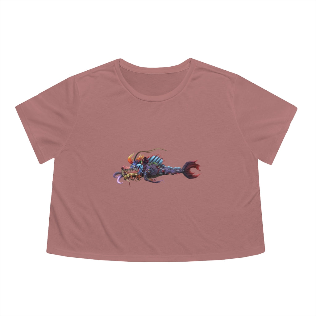 Ryuuk the Fish Dragon God Women's Flowy Cropped Tee featuring a unique design, lightweight fabric, and a stylish cropped fit.