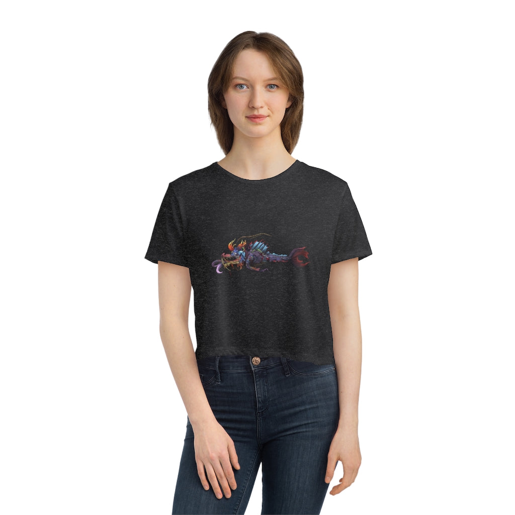 Ryuuk the Fish Dragon God Women's Flowy Cropped Tee featuring a unique design, lightweight fabric, and a stylish cropped fit.