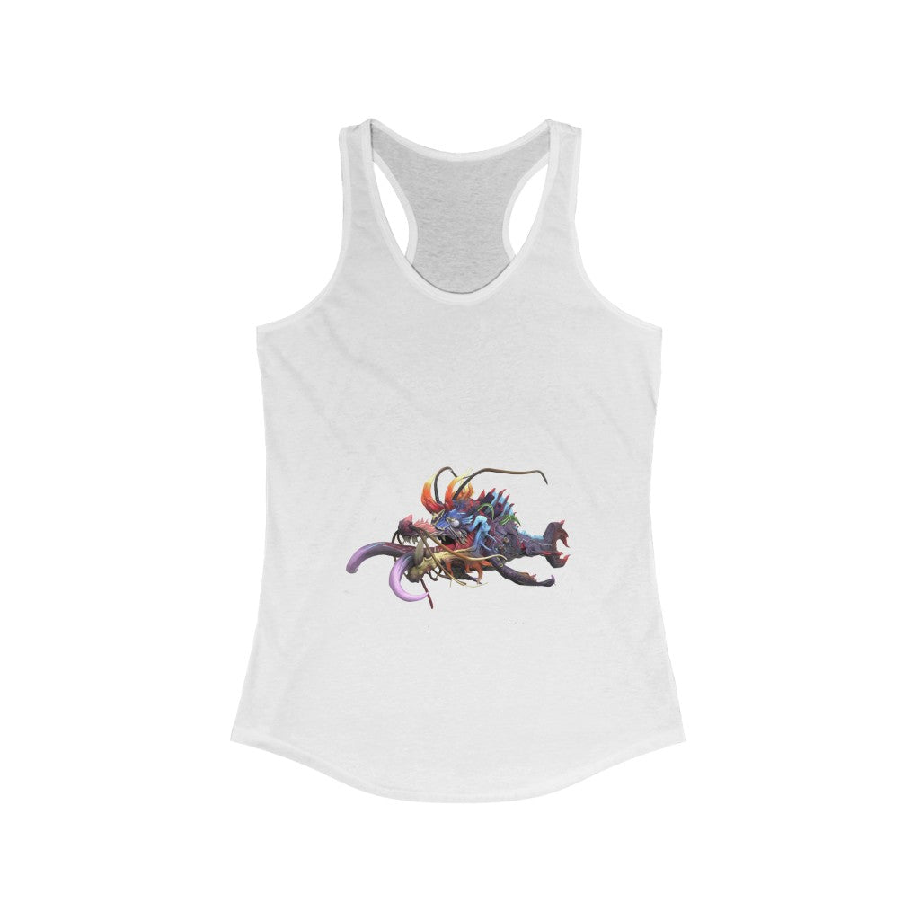 A stylish women's racerback tank top featuring a vibrant print of Ryuuk the Fish Dragon God, designed for a flattering slim fit.