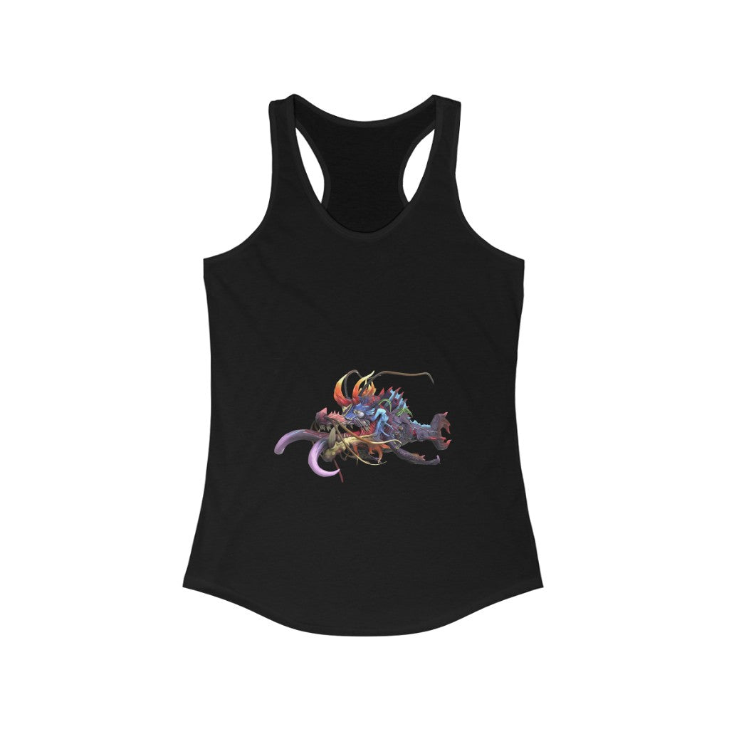 A stylish women's racerback tank top featuring a vibrant print of Ryuuk the Fish Dragon God, designed for a flattering slim fit.