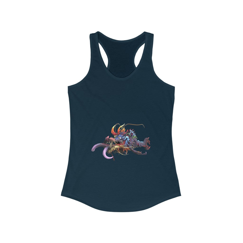 A stylish women's racerback tank top featuring a vibrant print of Ryuuk the Fish Dragon God, designed for a flattering slim fit.