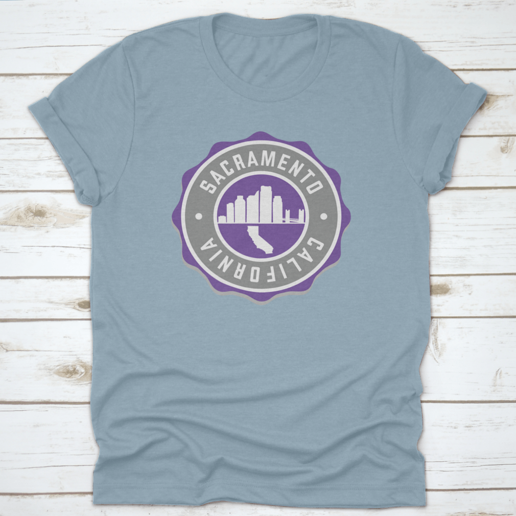 Sacramento, CA USA Badge Skyline City Stamp t-shirt featuring a stylish vector illustration of the city skyline.