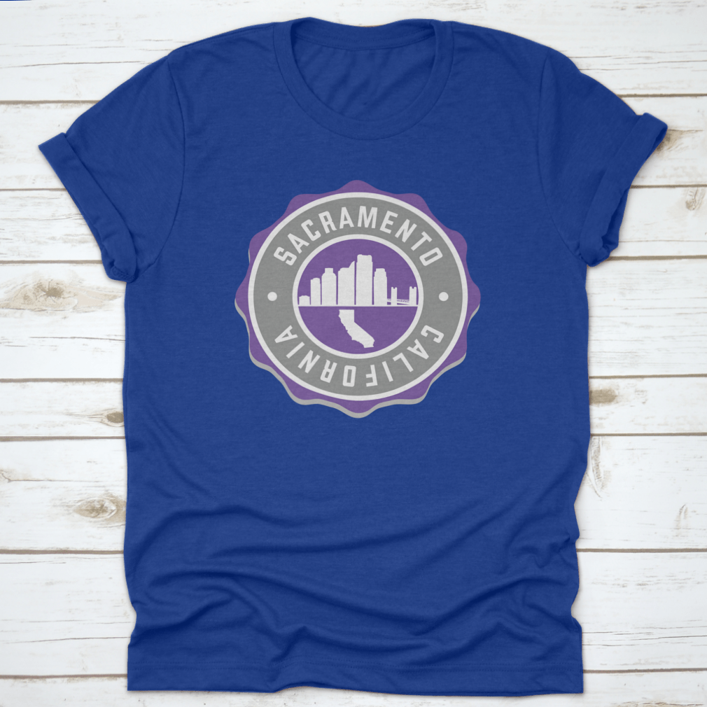 Sacramento, CA USA Badge Skyline City Stamp t-shirt featuring a stylish vector illustration of the city skyline.