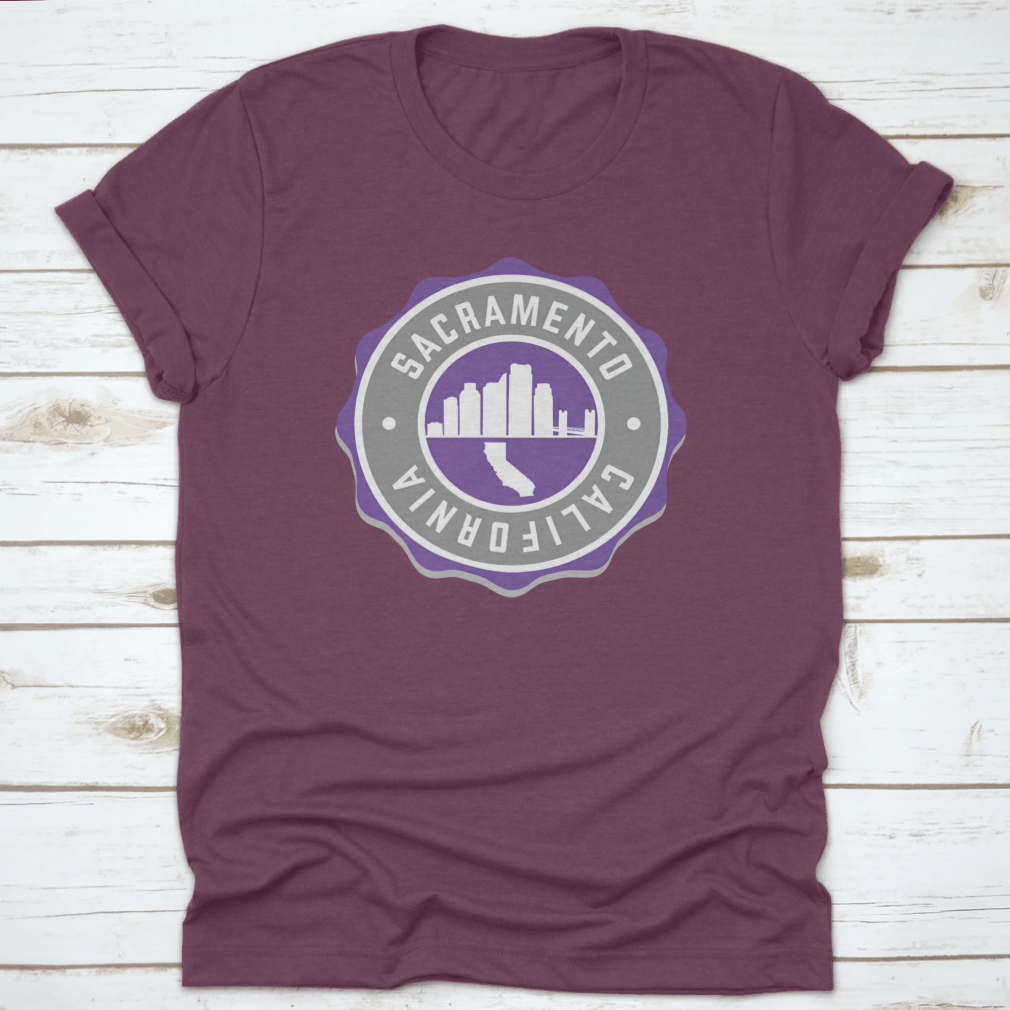 Sacramento, CA USA Badge Skyline City Stamp t-shirt featuring a stylish vector illustration of the city skyline.