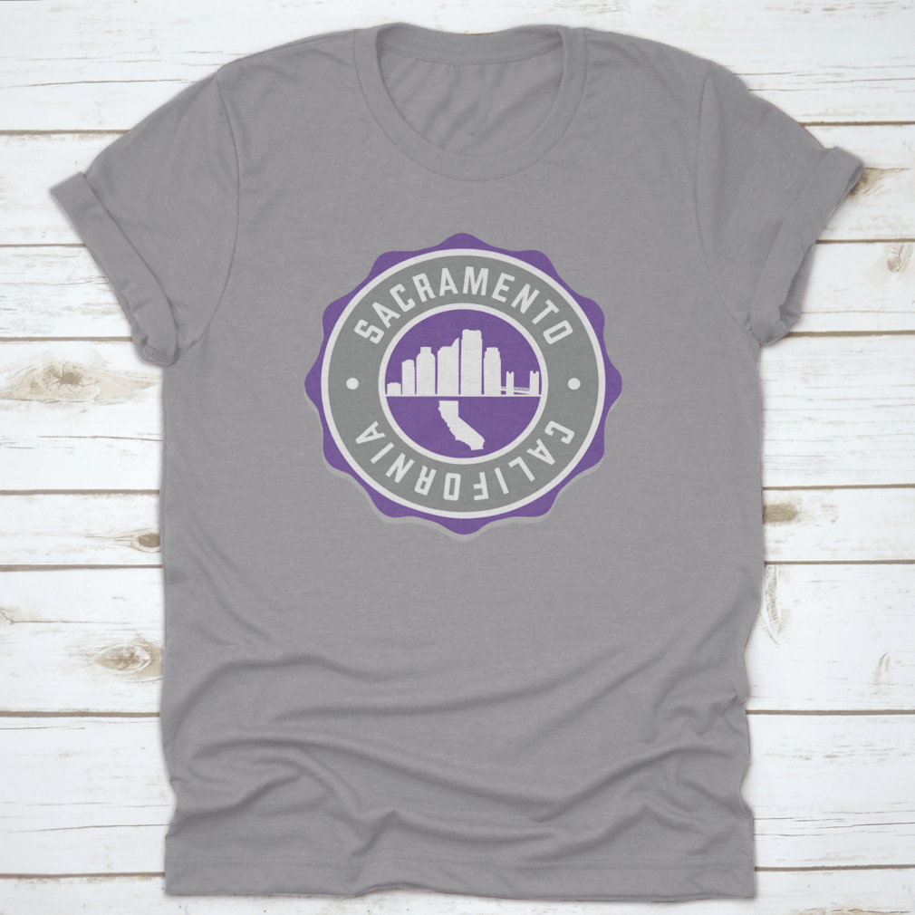 Sacramento, CA USA Badge Skyline City Stamp t-shirt featuring a stylish vector illustration of the city skyline.