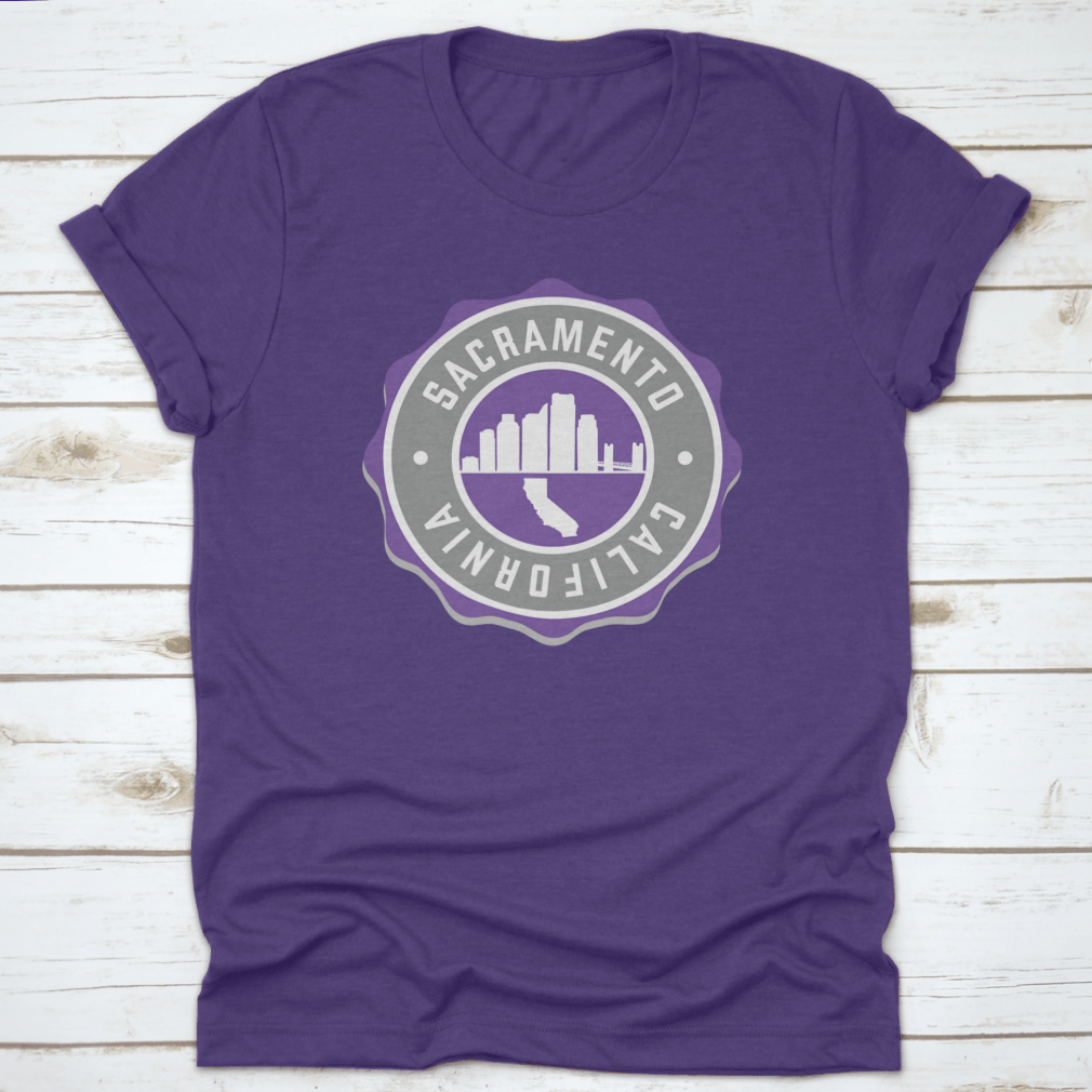 Sacramento, CA USA Badge Skyline City Stamp t-shirt featuring a stylish vector illustration of the city skyline.