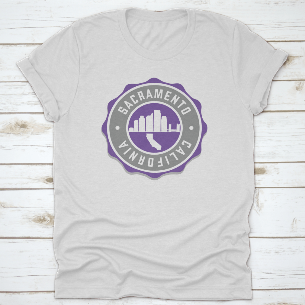 Sacramento, CA USA Badge Skyline City Stamp t-shirt featuring a stylish vector illustration of the city skyline.