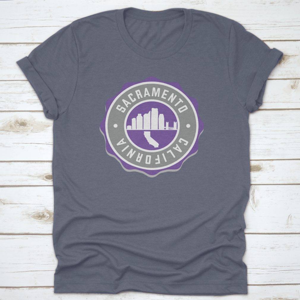 Sacramento, CA USA Badge Skyline City Stamp t-shirt featuring a stylish vector illustration of the city skyline.