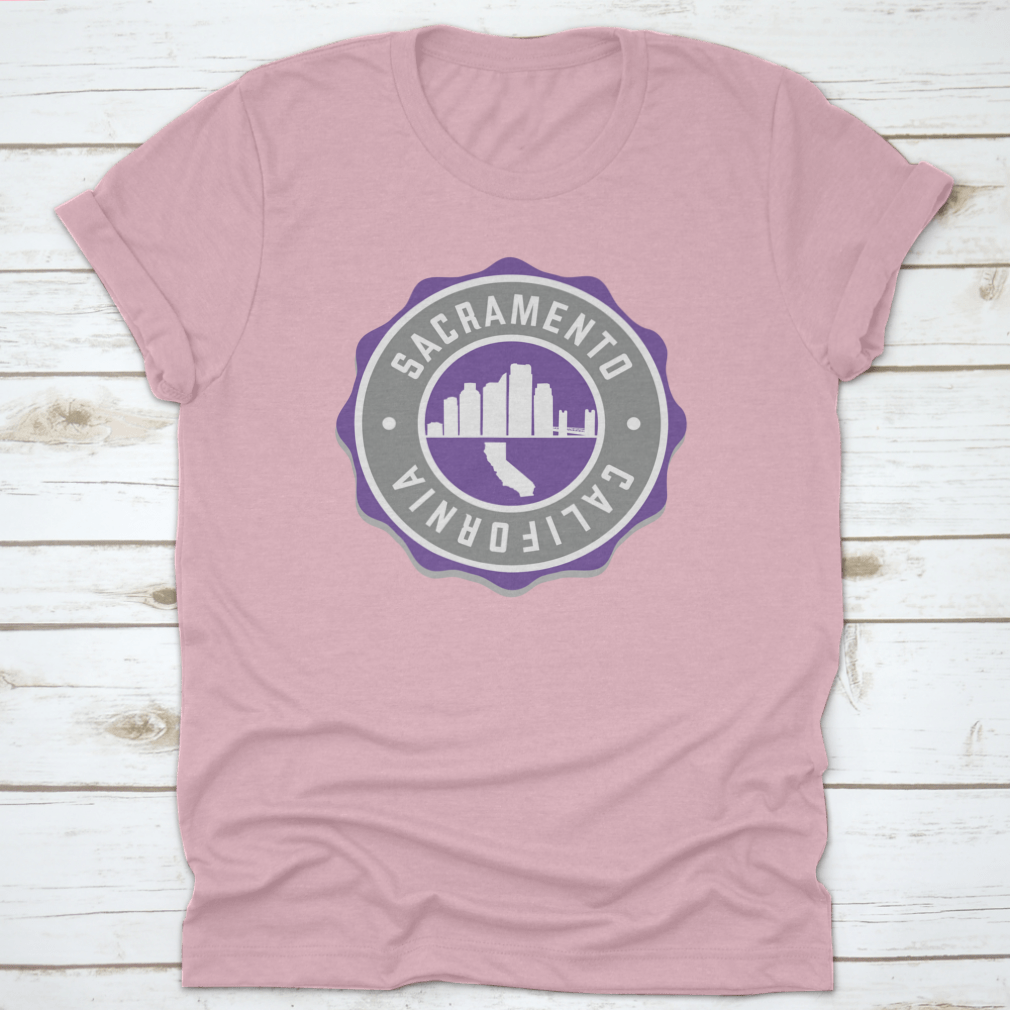 Sacramento, CA USA Badge Skyline City Stamp t-shirt featuring a stylish vector illustration of the city skyline.