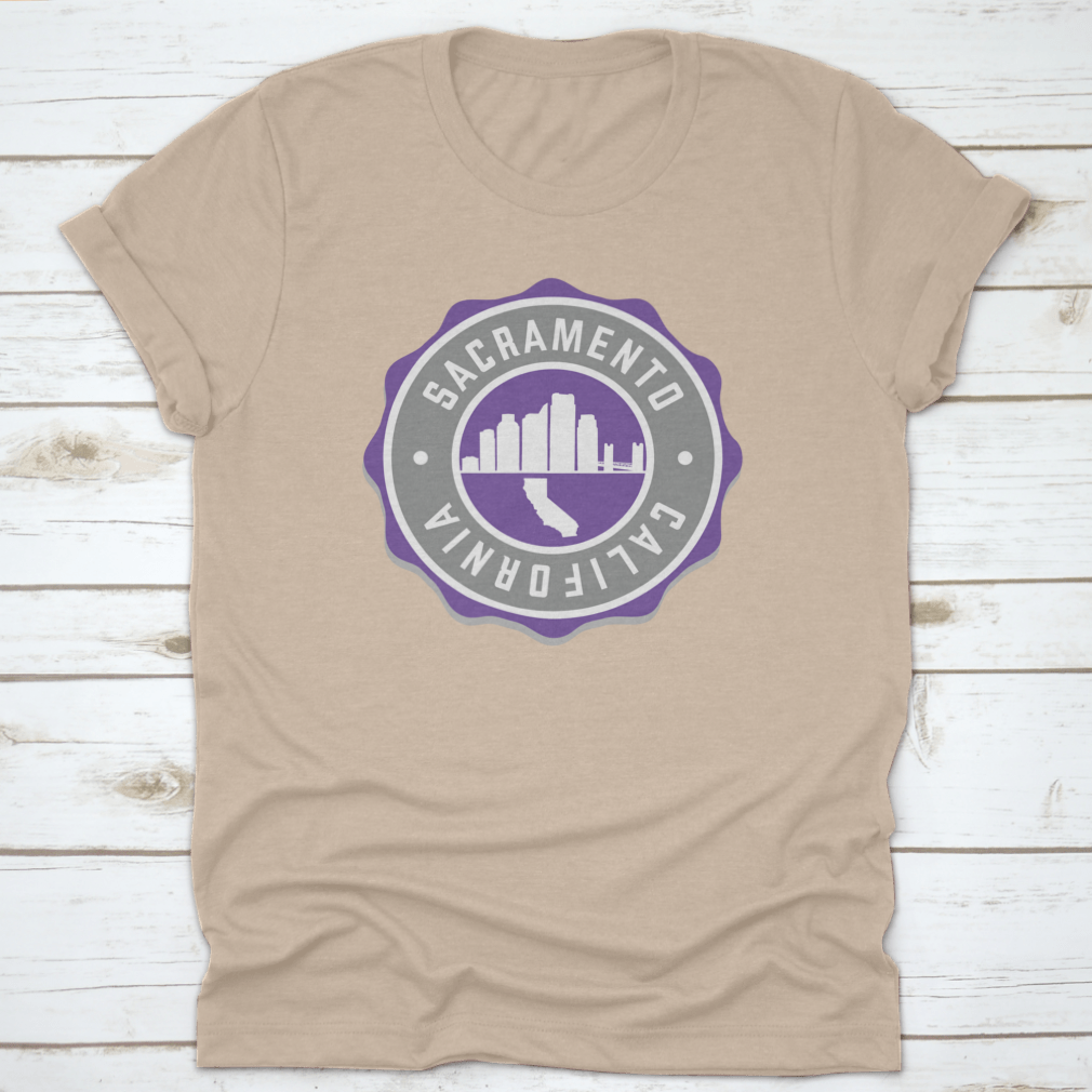 Sacramento, CA USA Badge Skyline City Stamp t-shirt featuring a stylish vector illustration of the city skyline.