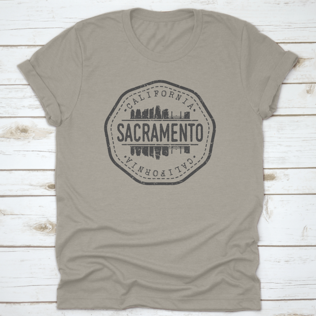 Sacramento Skyline Stamp Postmark T-shirt featuring a silhouette design, made from high-quality cotton fabric.