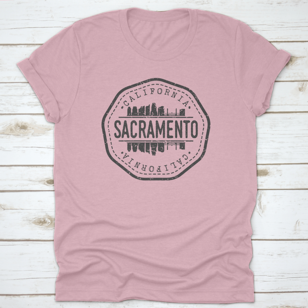 Sacramento Skyline Stamp Postmark T-shirt featuring a silhouette design, made from high-quality cotton fabric.