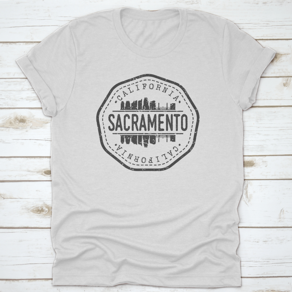 Sacramento Skyline Stamp Postmark T-shirt featuring a silhouette design, made from high-quality cotton fabric.